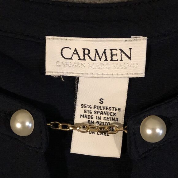 Carmen Marc Top Womans S Valvo Black Sleeveless Gold Chain-Pearls Neckline Chic - Picture 3 of 7